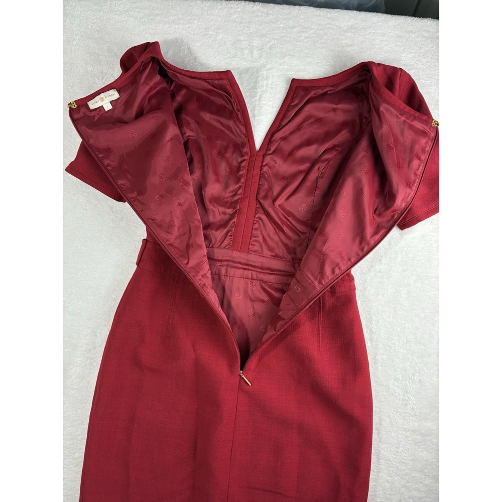 Tory Burch Lydia Sheath Dress Womens 2 Red V-Neck Short Sleeve Work Office Midi - Picture 5 of 11